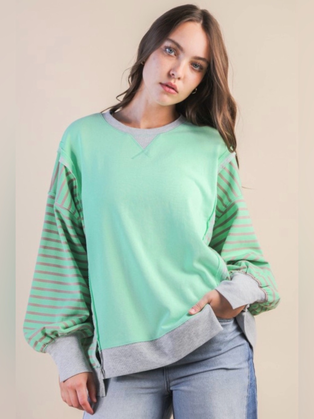 193 Relaxed Mint Stripe Sleeve Sweatshirt